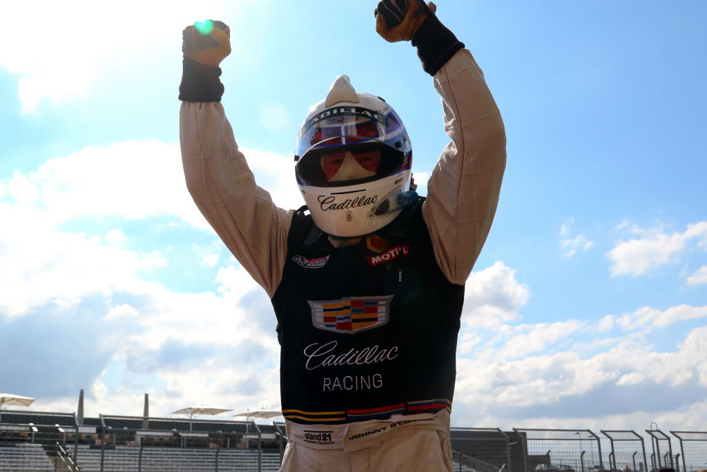 Johnny O'Connell celebrates his Pirelli World Challenge victory. [Michael Wells Photo]