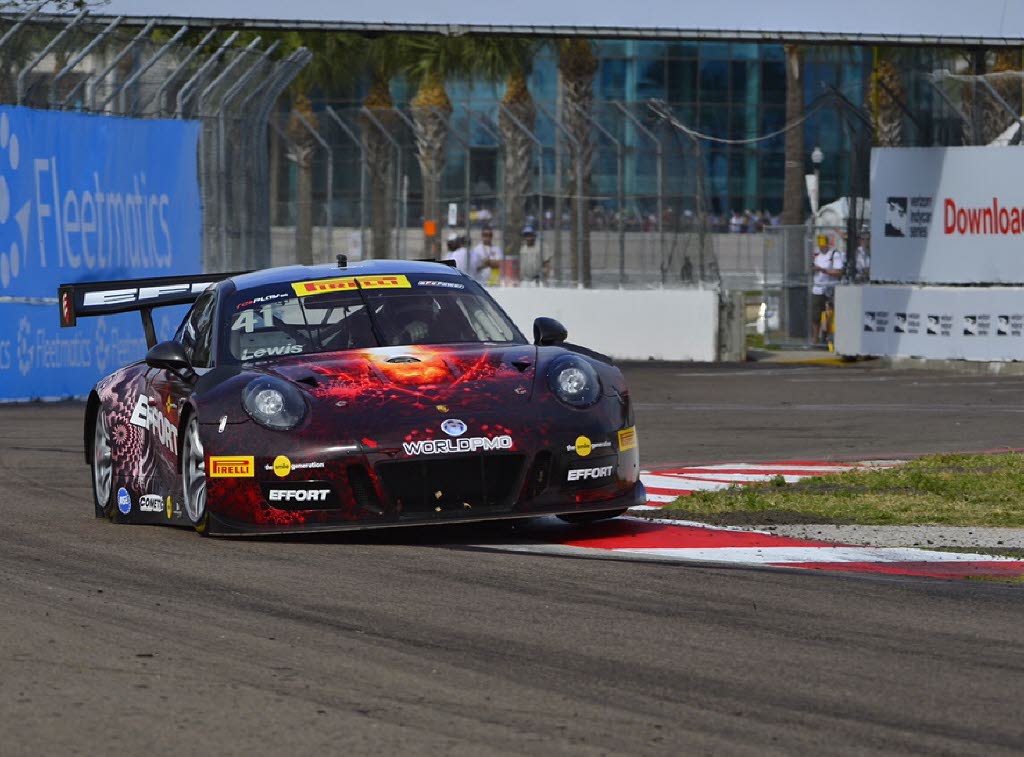 Michael Lewis drives his Porsche to his first Pirelli World Challenge series victory. [photo courtesy Pirelli World Challenge]