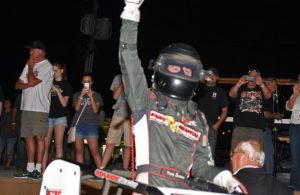 Kody Swanson gives victory salute after winning third straight Hoosier 100. [Joe Jennings Photo]