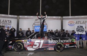 Kyle Busch's victory in Saturday's Ultimate Tailgating 200 at Atlanta Motor Speedway enabled the veteran to surpass Ron Hornaday as the winningest driver in NASCAR Gander Outdoors Truck Series competition. (HHP/Harold Hinson photo)