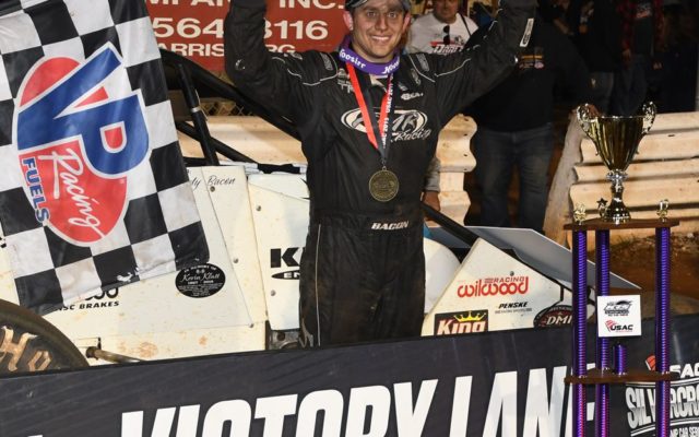 Winner Brady Bacon enjoys race victory and the $8,000 payday.  [Joe Jennings Photo]