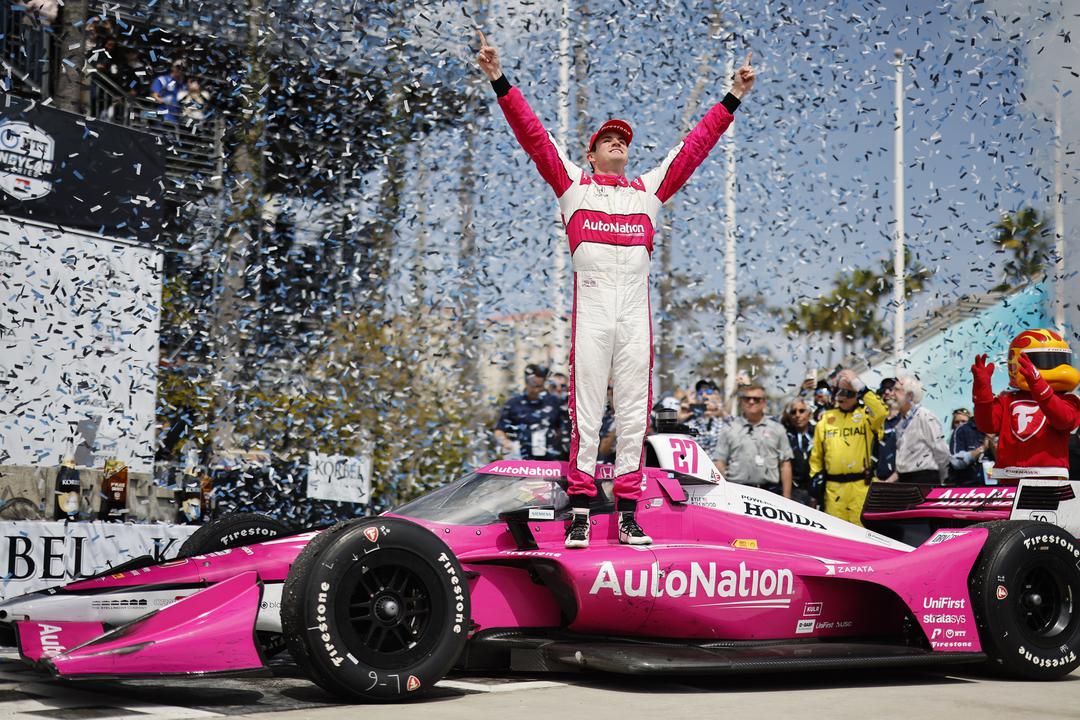 Kyle Kirkwood celebrates his Acura Grand Prix of Long Beach victory. [Penske Entertainment: Joe Skibinski]