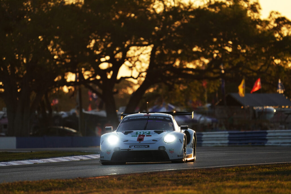 Factory Porsche at dusk. [Jack Webster photo]