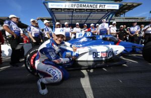 Alex Palou, pole winner for 2023 107th Running of the Indianapolis 500 celebrates on PPG Presents Armed Forces Qualifying Day at the Speedway. [Media Credit - Penske Entertainment: Chris Jones]