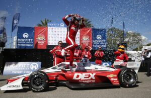 Scott McLaughlin celebrates his first IndyCar victory at the Firestone Grand Prix of St. Petersburg. [credit Penske Entertainment: Chris Jones]