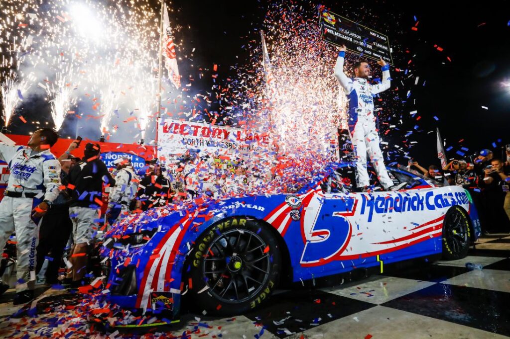 Kyle Larson celebrates after winning Sunday's NASCAR All-Star Race at North Wilkesboro Speedway. (NWS/HHP photo)