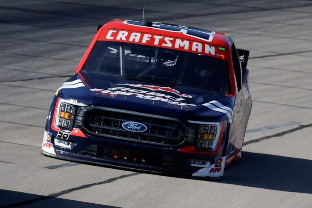 y Majeski, driver of the #98 Road Ranger Ford, race during the NASCAR Craftsman Truck Series SpeedyCash.com 250 at Texas Motor Speedway. (Photo by Sean Gardner/Getty Images)